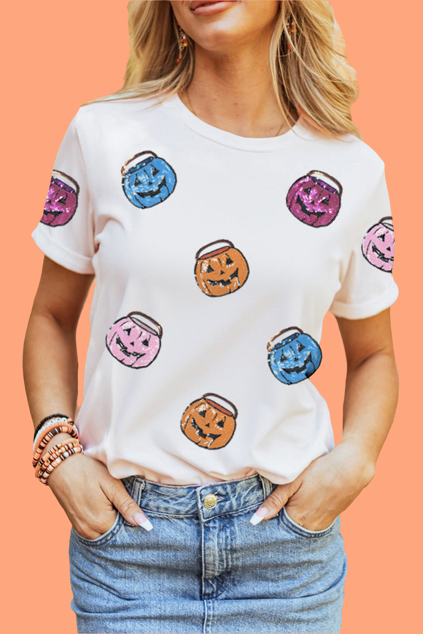 White Sequin Pumpkin Face Patched Crew Neck Holiday T Shirt