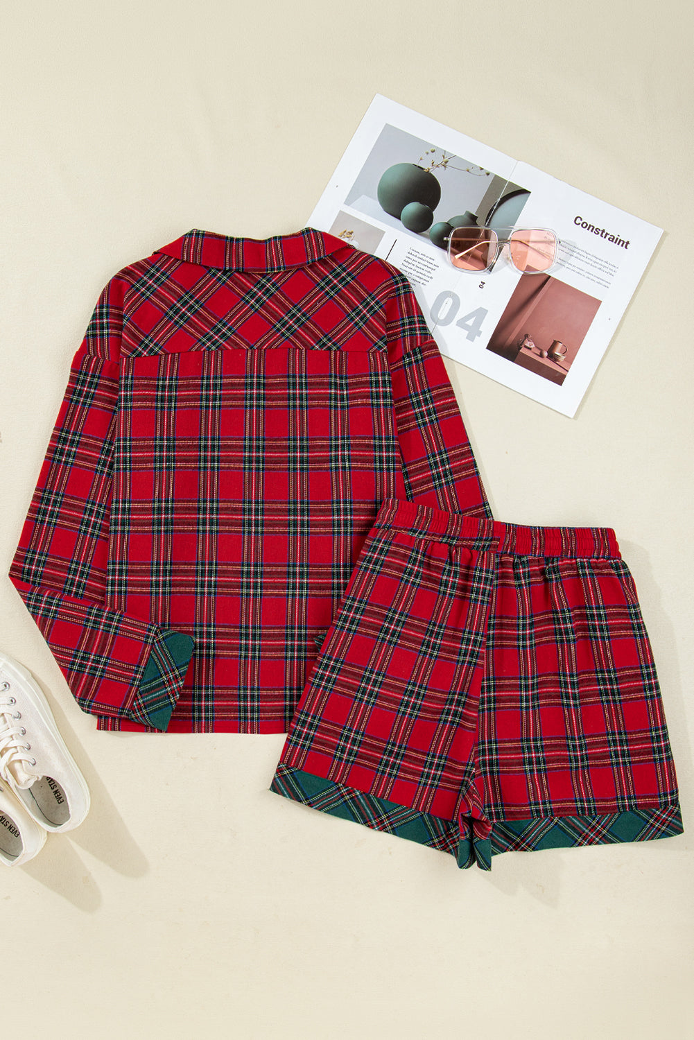 Red Plaid Contrast Patched Christmas Holiday Long Sleeve Shirt and Short 2pcs Pajama Set