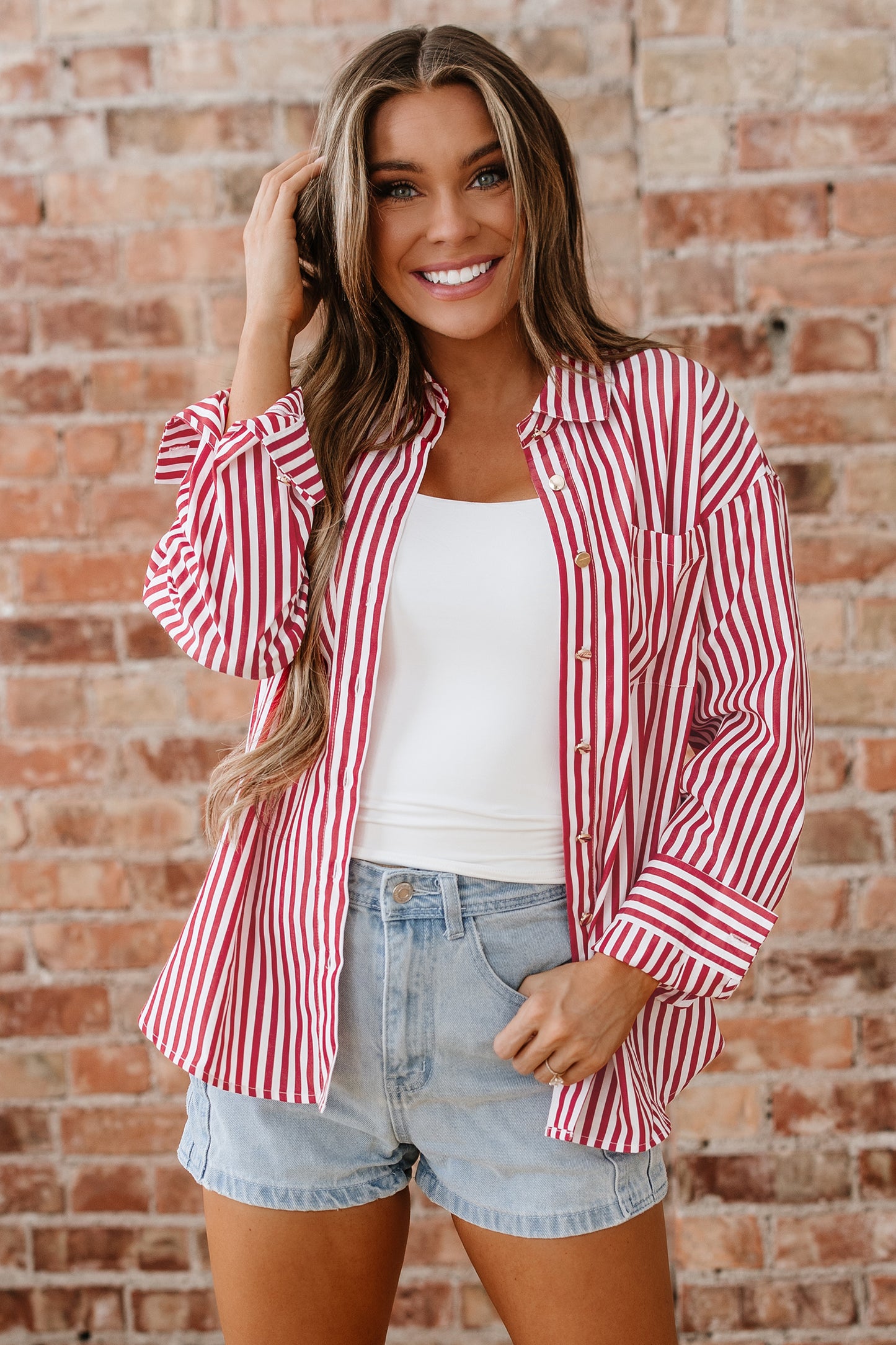 Red Stripe Patched Pocket Side Slit Loose Shirt
